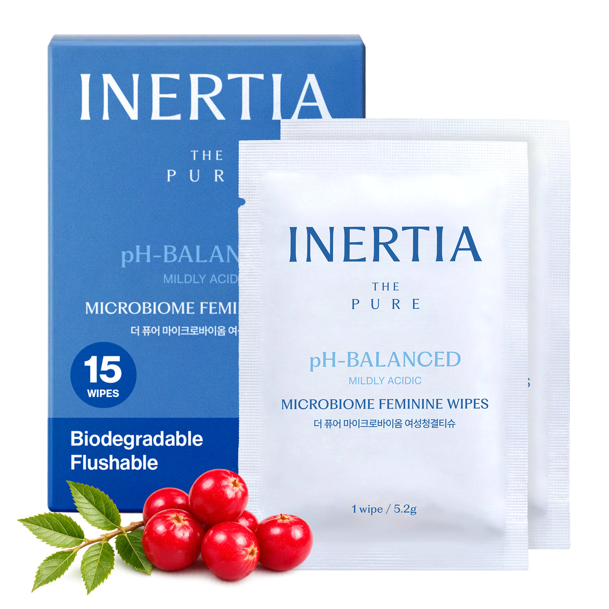 INERTIA Feminine Wipes - Flushable Intimate Wipes, pH-Balanced Microbiome Formula for Women, Biodegradable, Sensitive Skin, Individually Wrapped, 15 Count