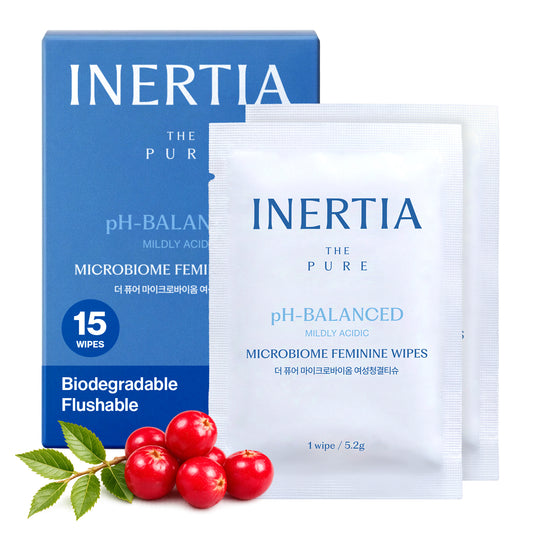 INERTIA Feminine Wipes - Flushable Intimate Wipes, pH-Balanced Microbiome Formula for Women, Biodegradable, Sensitive Skin, Individually Wrapped, 15 Count